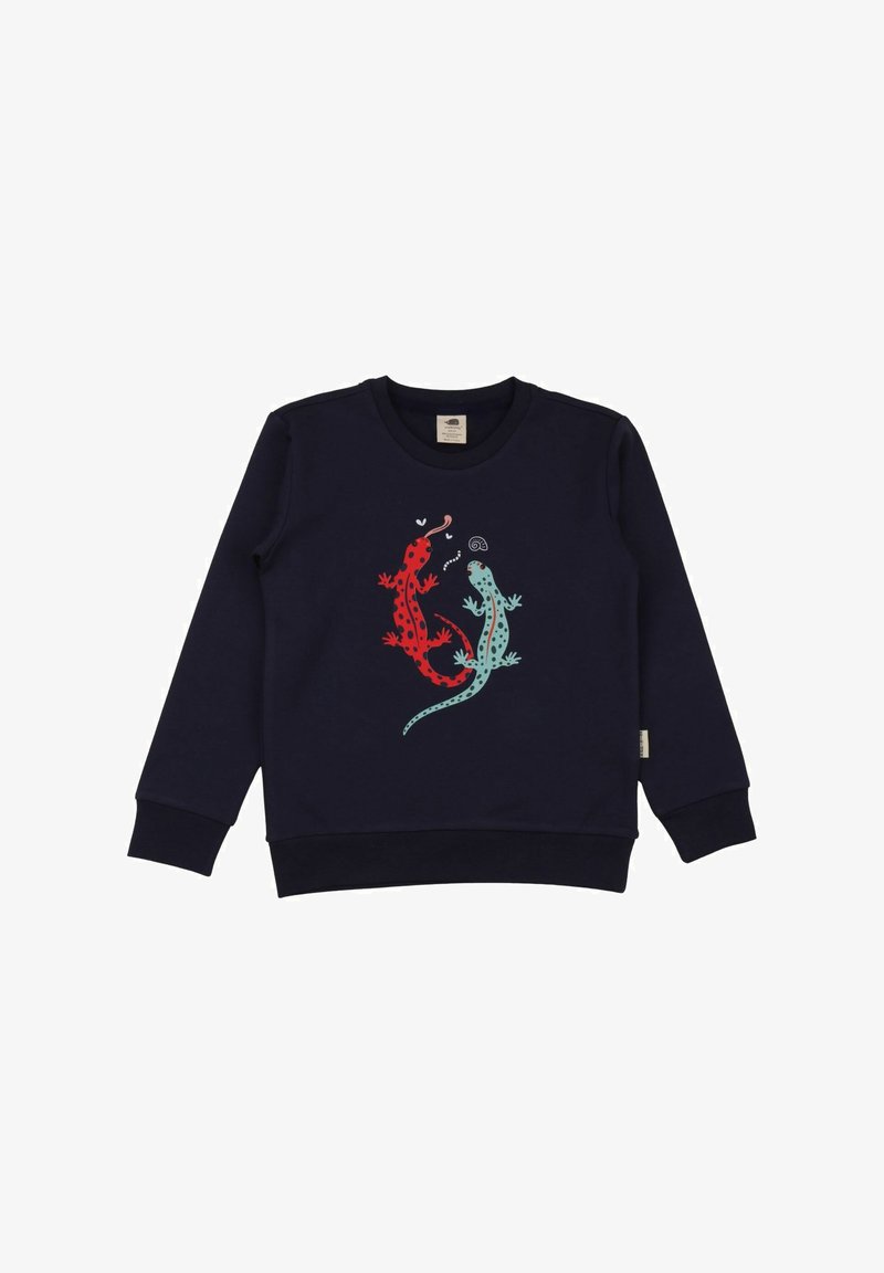 Navy sweatshirt featuring a red and turquoise lizard graphic. The design includes polka dots and swirls on the lizards' bodies.