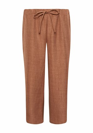 Pantalones marrones de lino, corte relajado, con cintura elástica y cordón ajustable, piernas rectas, ideales para uso casual.