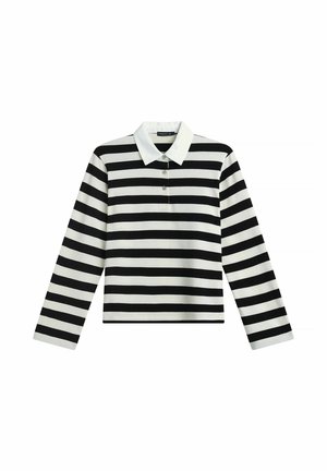 Sort og hvid langærmet polotrøje med horisontale striber, hvid krave og tre knapper på knapstikken.