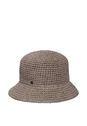 Light brown crocheted bucket hat with a small round metal logo on the side, featuring a downward sloping brim.