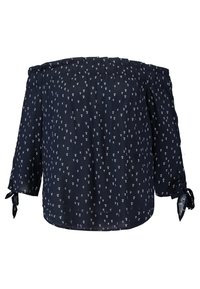 Blouse bleu marine à épaules dénudées en tissu léger avec de petits motifs d'ancre blancs, encolure élastiquée et accents de manches à nouer.