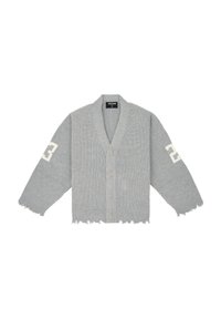 Gray ribbed cardigan featuring a V-neck, five buttons, and frayed edges. Includes white number 23 on one sleeve. Soft texture.