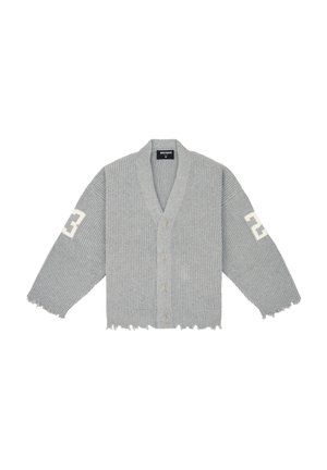 Gray ribbed cardigan featuring a V-neck, five buttons, and frayed edges. Includes white number 23 on one sleeve. Soft texture.