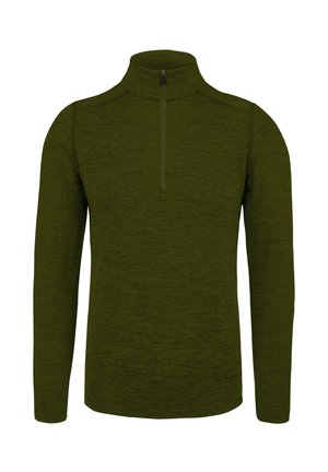 Olivgrüner Pullover mit hohem Kragen, halblangem Reißverschluss vorne, langen Ärmeln und strukturiertem Stoff. Verfügt über ein dezentes Logo in der Nähe des Saums.
