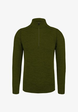 Olivgrüner Pullover mit hohem Kragen, halblangem Reißverschluss vorne, langen Ärmeln und strukturiertem Stoff. Verfügt über ein dezentes Logo in der Nähe des Saums.