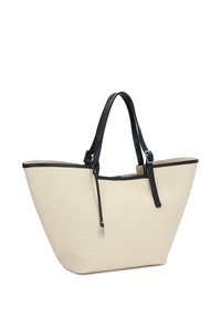 Borsa tote in tela beige con manici in pelle nera. Design spazioso e ampio con chiusura a cerniera e dettagli hardware discreti.