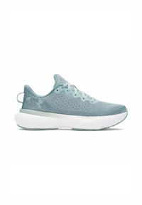 Zapatilla deportiva de color azul claro hecha de material de malla con una parte superior texturizada, que cuenta con una mediasuela blanca acolchada y un logotipo sutil en el lateral.