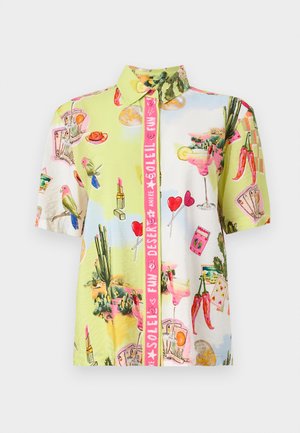 Short-sleeve button-up shirt with colorful prints of parrots, cactus, lipstick, cocktails, playing cards, chili peppers, and hearts on pastel background.