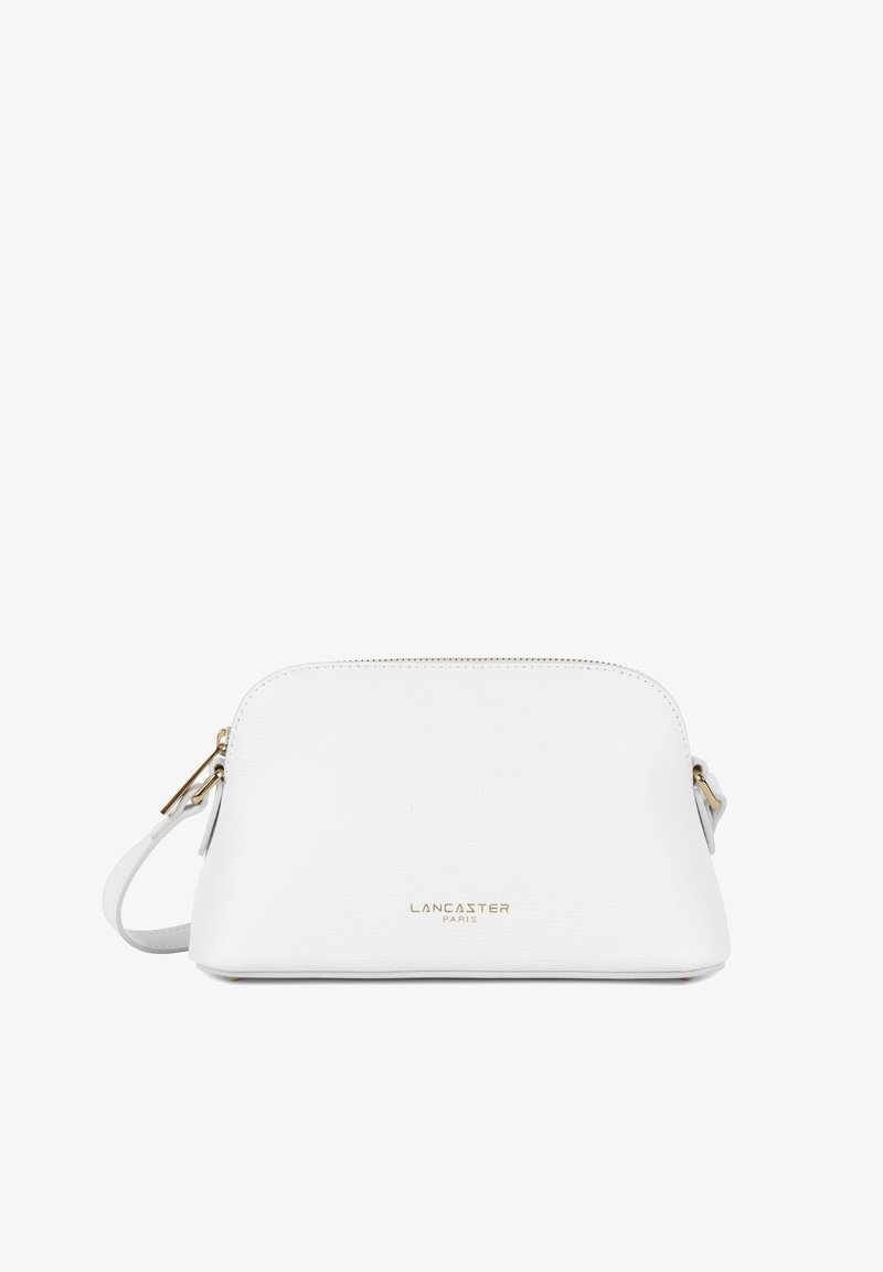 White leather Lancaster Paris wristlet bag with gold zipper and logo centered on front.