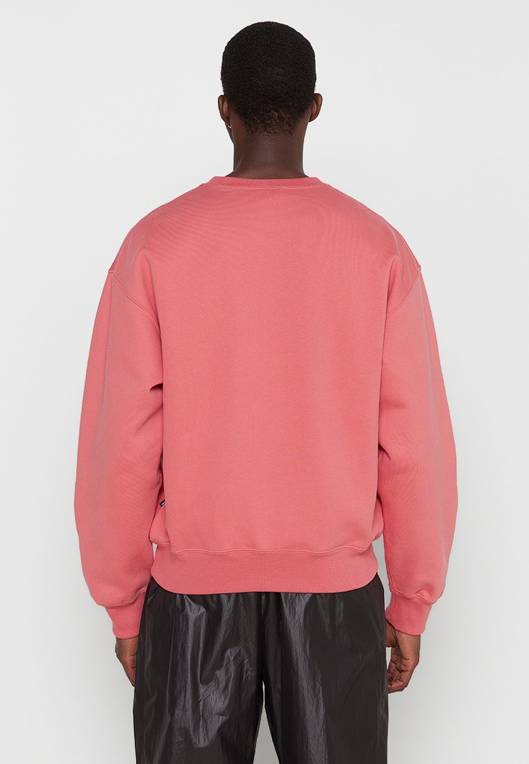 Różowa bluza crewneck z długimi rękawami, ściągacze przy mankietach i u dołu, wykonana z miękkiego materiału, charakteryzująca się luźnym krojem, minimalistycznym wzornictwem i brakiem widocznych oznaczeń.