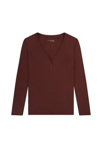 Langemouwen, diep rode top met een V-hals en een drieknoopsluiting. Gemaakt van ribbelstof, met een gladde textuur en een slim fit.
