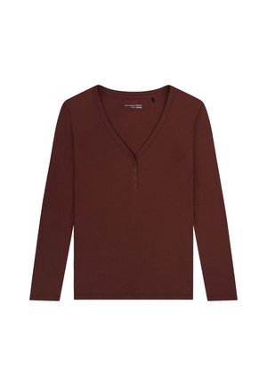 Langemouwen, diep rode top met een V-hals en een drieknoopsluiting. Gemaakt van ribbelstof, met een gladde textuur en een slim fit.
