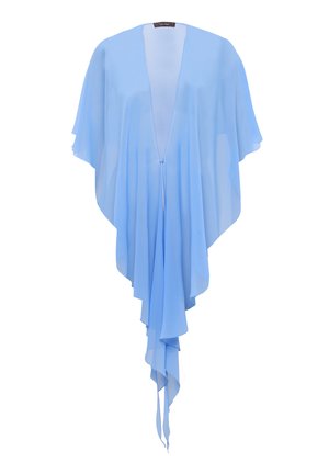 Lyseblåt, flydende chiffon tørklæde med åben front, asymmetrisk kant og løse, draperede ærmer.