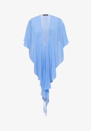 Lyseblåt, flydende chiffon tørklæde med åben front, asymmetrisk kant og løse, draperede ærmer.