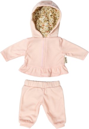 Soft pink baby outfit with hooded jacket featuring floral lining and ruffled hem, paired with matching elastic waist pants.
