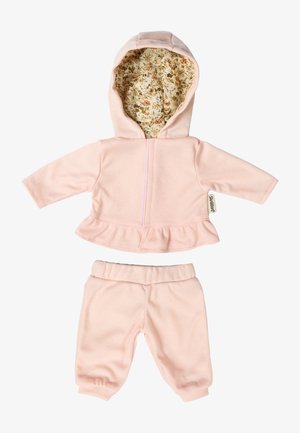 Completo morbido rosa baby con giacca con cappuccio con fodera floreale e orlo arricciato, abbinato a pantaloni con vita elastica coordinati.