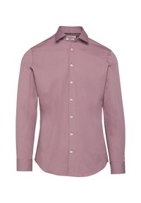 Lange mouwen shirt in licht mauve, getailleerde pasvorm, geweven textuur, button-down kraag en Franse sluiting met witte knopen.