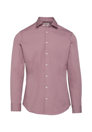 Koszula z długim rękawem w jasnym mauve, dopasowany fason, tkaninowy wzór, kołnierz zapinany na guziki oraz przedni mankiet z białymi guzikami.