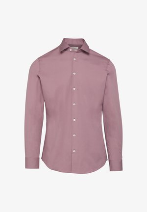 Langarmhemd in hellem Mauve, taillierte Passform, gewebte Textur, gestärkter Kragen und Frontleiste mit weißen Knöpfen.