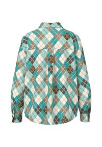Flannel shirt in turquoise, brown, and white plaid. Features a spacious back pocket, long sleeves, and button cuffs. Soft texture.