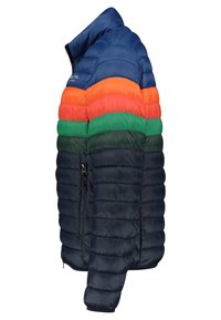En pufferjacka med marinblå bas, som har livliga horisontella band i orange, grön och mörkgrön. Inkluderar en dragkedja på sidan.
