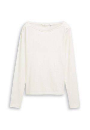 Witte lange mouwen top van ribstof, met een brede halslijn en zijspleten aan de onderrand. Eenvoudige en gladde textuur.