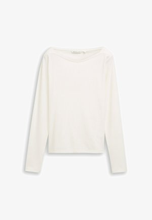 Witte lange mouwen top van ribstof, met een brede halslijn en zijspleten aan de onderrand. Eenvoudige en gladde textuur.