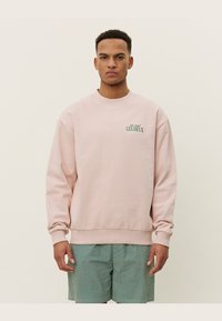 Rosa Sweatshirt mit Rundhalsausschnitt und langen Ärmeln, mit grüner bestickter Schrift. Getragen mit grün-weiß gestreiften Shorts.