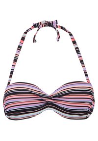 Svītrains bikini tops ar mezgloju priekšā, ar vertikālām svītrām rozā, purpura, melnā un zila uz gludas auduma. Regulējamas siksnas.