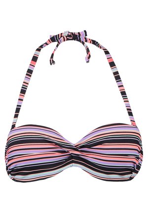 Striped bikinioverdel med knyttet front, med vertikale striper i rosa, lilla, svart og blått på et glatt stoff. Justerbare stropper.