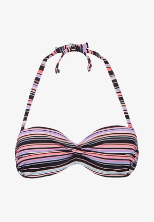 Striped bikinioverdel med knyttet front, med vertikale striper i rosa, lilla, svart og blått på et glatt stoff. Justerbare stropper.