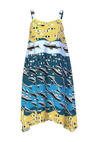 Vestido de verano con un patrón de peces multicolor en tonos de amarillo, azul y blanco. El material parece ligero; el diseño incluye tirantes ajustables.