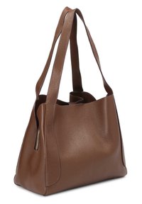 Brown leather tote bag with a textured finish, featuring two long straps and an external zipper pocket. Open top with an inner compartment.