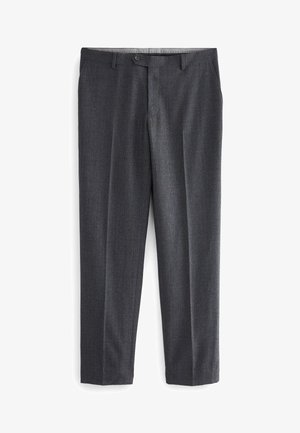 Pantalons ajustés gris avec un motif texturé, deux poches avant, passants de ceinture et une fermeture à un bouton à la taille.