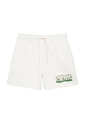 Short blanc à taille élastique avec cordon de serrage et un logo "One Piece Paradise Awaits" représentant des palmiers et un crâne sur la jambe gauche.