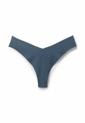 Tanga de color azul oscuro con un diseño en forma de V, bordes sin costuras y una textura suave y lisa, fabricada con material elástico.