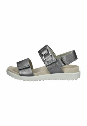 Silver metallic sandals with two adjustable straps, flat white sole, and textured footbed for comfort. Slightly contoured sole design.