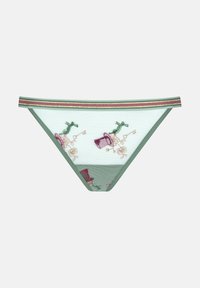 String vert en dentelle avec des motifs brodés de chapeaux haute forme et d'accents floraux, doté d'une fine ceinture élastique rayée de couleurs métalliques.