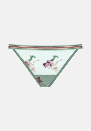 Groene kantstring voorzien van geborduurde ontwerpen van hoge hoeden en bloemenaccenten, met een dunne gestreepte elastische tailleband in metallic kleuren.