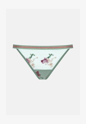 Grüner Spitzen-Tanga mit gestickten Designs von Zylindern und floralen Akzenten, ausgestattet mit einem dünnen, gestreiften elastischen Bund in metallischen Farben.