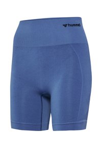 Blaue nahtlose sportliche Shorts mit hoher Taille, gerippten Seitenpaneelen und kleinem schwarzem Hummel-Logo am Bund, entworfen für Komfort und Beweglichkeit.