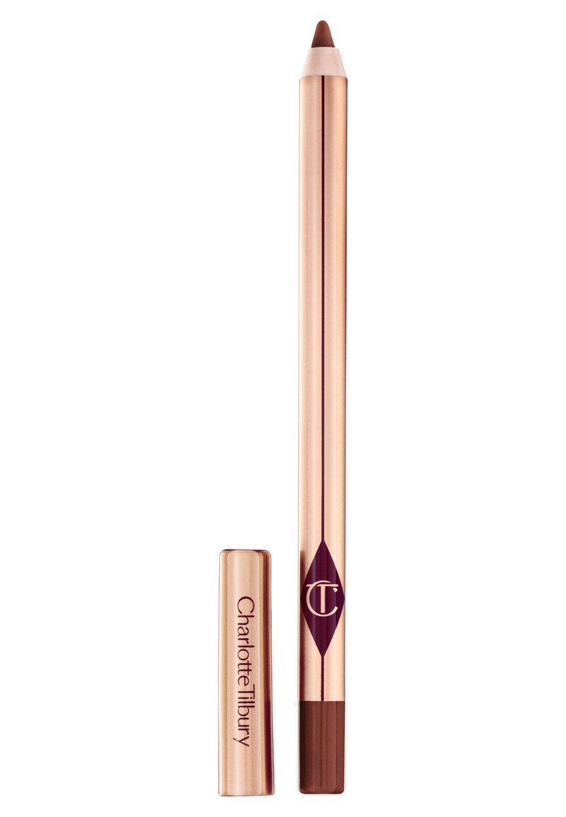 Crayon contour des lèvres dans un étui rose doré avec une pointe de couleur cacao. Présente un logo en violet foncé sur le corps. Capuchon inclus.