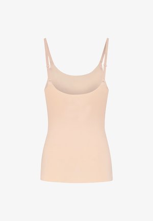 Nude top na ramiączkach z regulowanymi cienkimi paskami. Wykonany z gładkiego, elastycznego materiału, o dopasowanym kroju i okrągłym dekolcie.