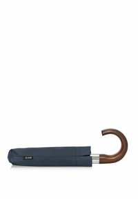 Granatowy parasol z tkaniny, z zakrzywioną, brązową, drewnianą rączką, srebrnymi metalowymi akcentami i prostym kształtem. Zamknięty w eleganckim, kompaktowym designie.