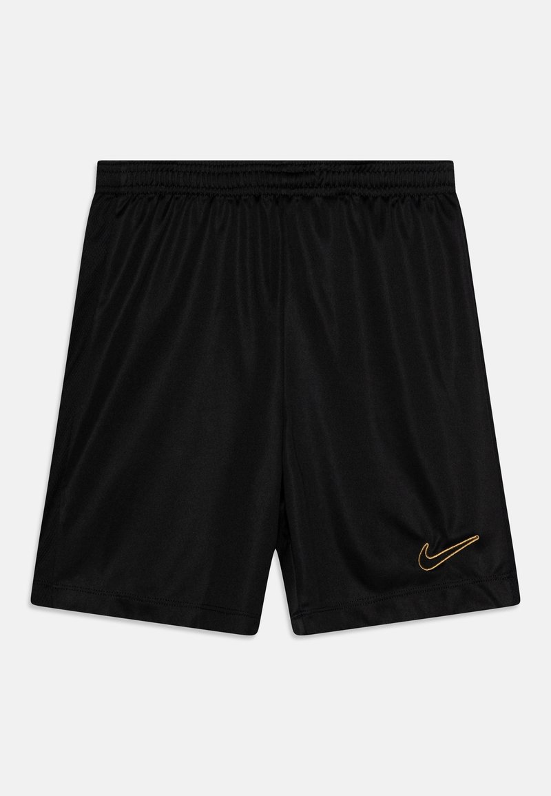 Shorts de sport noirs en tissu léger, avec une taille élastique et un logo Nike doré sur le bas à gauche.