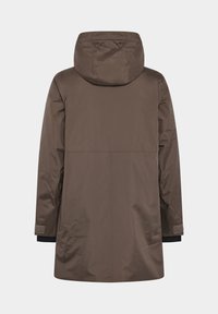 Ruskea vedenpitävä pitkä takki, jossa on huppu, tyylikäs muotoilu, säädettävät hihansuut ja sileä, mattapintainen kangas.