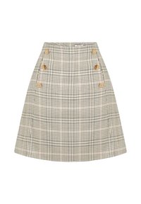 Spódnica w kratę w kolorach beżowym, granatowym i różowym, z wysokim stanem, rozszerzanym krojem i czterema brązowymi guzikami z boku. Teksturowana tkanina z delikatnymi wzorami.