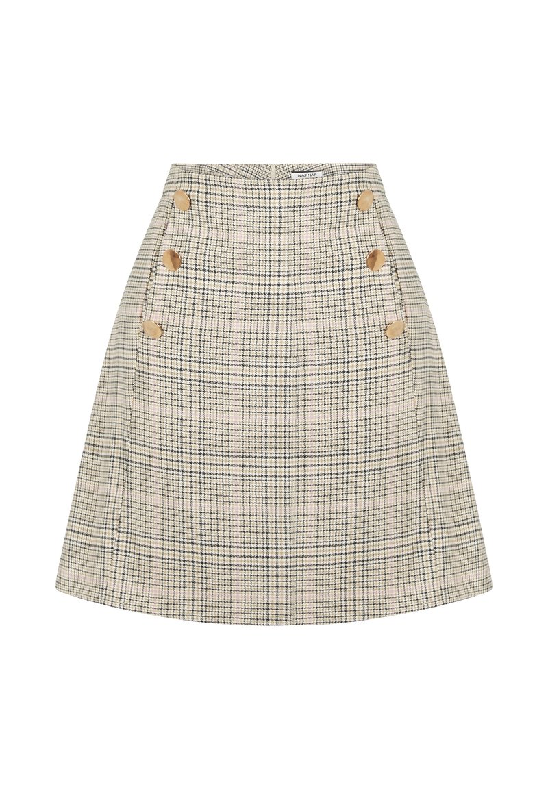 Spódnica w kratę w kolorach beżowym, granatowym i różowym, z wysokim stanem, rozszerzanym krojem i czterema brązowymi guzikami z boku. Teksturowana tkanina z delikatnymi wzorami.