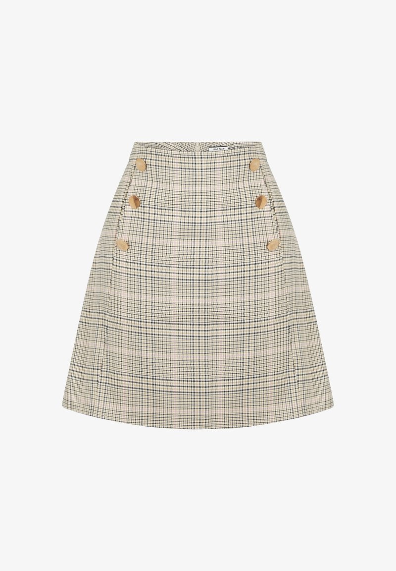 Spódnica w kratę w kolorach beżowym, granatowym i różowym, z wysokim stanem, rozszerzanym krojem i czterema brązowymi guzikami z boku. Teksturowana tkanina z delikatnymi wzorami.