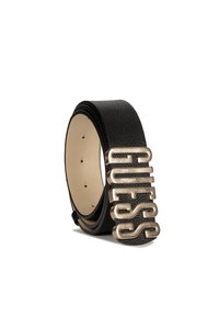 Cintura in pelle nera con finitura testurizzata, dotata di una grande fibbia metallica con il logo "GUESS" per un fissaggio sicuro.